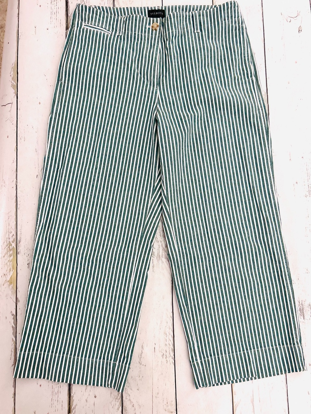 Talbots Women’s Green Stripe Pants Sz 12P 98% Cotton 24” inseam